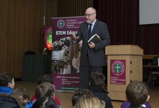 Professor Peter Finn, Principal of St Mary’s University College, welcoming the participating schoolchildren to the College