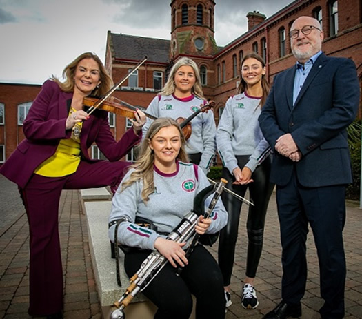 St Mary’s students Molly Walls, Maeve O’Donnell and Rosie McElroy, pictured with Belfast Lord Mayor, Christina Black and College Principal, Professor Peter Finn.