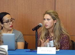 Maeve Wright participating in a panel discussion with American students and educators, discussing issues of inclusion and diversity