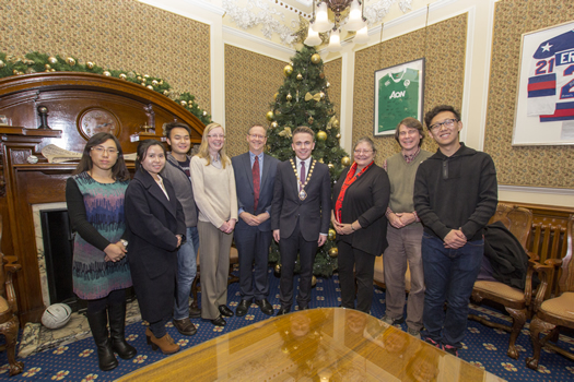 Reception with the Lord Mayor. (L-R): Ms Yanling Li, Ms Ruolan Pi, Mr Jiaxing Zhang, Ms Frances Murray (International Officer, Belfast City Council), Dr Matthew Martin (Senior Lecturer, St Mary’s), Mr Guy Spence (Deputy Lord Mayor of Belfast), Professor Vivian-Lee Nyitray, Mr Douglas Oliver (Husband of Professor Nyitray) and Mr Chen Shen.