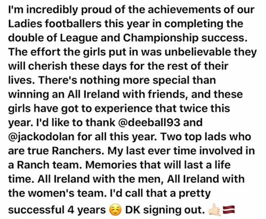 Tweet from Darragh Kavanagh, one of the Ladies gaelic football team managers.