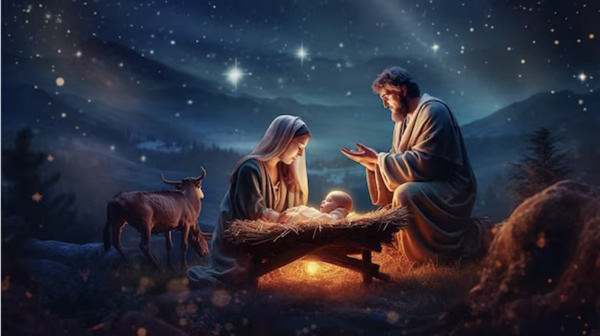 Picture of Mary and Joseph looking to the manager where baby Jesus is lying.  There is a light under the manager, an ox in the background of the picture and the background itself is a night sky in a mixture of blues and greys with bright stars glowing in the sky.