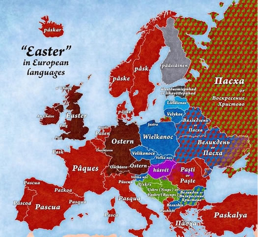 The map informs us of “Easter” in a great variety of European Languages