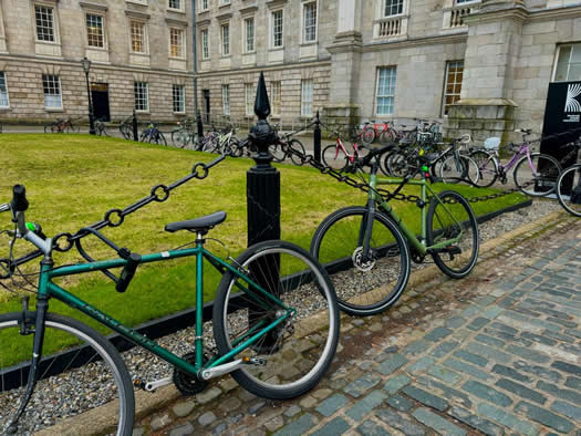 Picture of a grassy area infront of a college building surrounded by black loop chain fence with a number of bicycles locked on to the chain