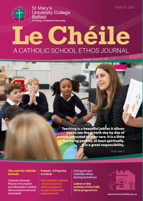 Le Chéile - A catholic school ethos journal - issue 31 2013 front page.  Showing a teacher sitting on a rainbow rug with some primary school boys and girls with a story book in her hand.