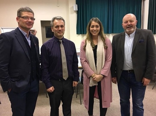 Photograph of Mr Padaí de Bléine, Mr Réamonn Ó Ciaráin, Meghan Ní Raifeartaigh and Dr Seán Mac Corraidh