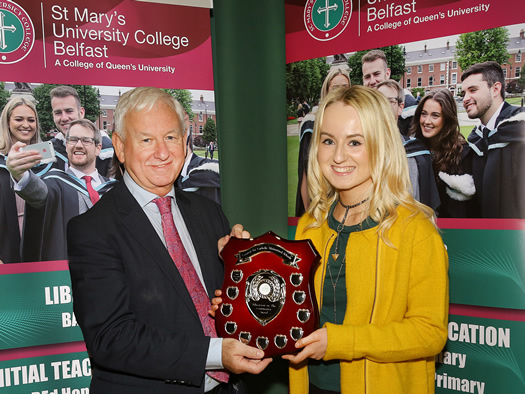 Mr Jim Clarke, CEO of the Council for Catholic Maintained Schools (CCMS) presents an award to St Mary’s student teacher Ciara Maguire from Garrison Co Fermanagh