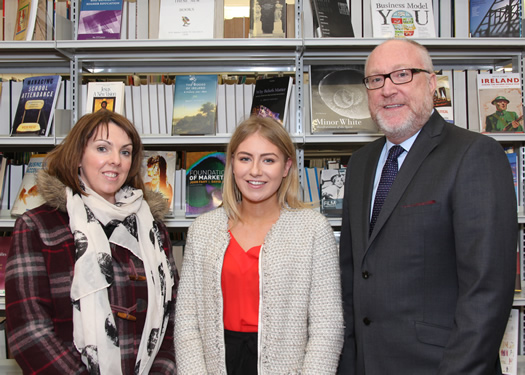 Ciara Quinn (Belfast Media Group), Nikki McKeown (LA 2 History student) and Professor Peter Finn (College Principal)